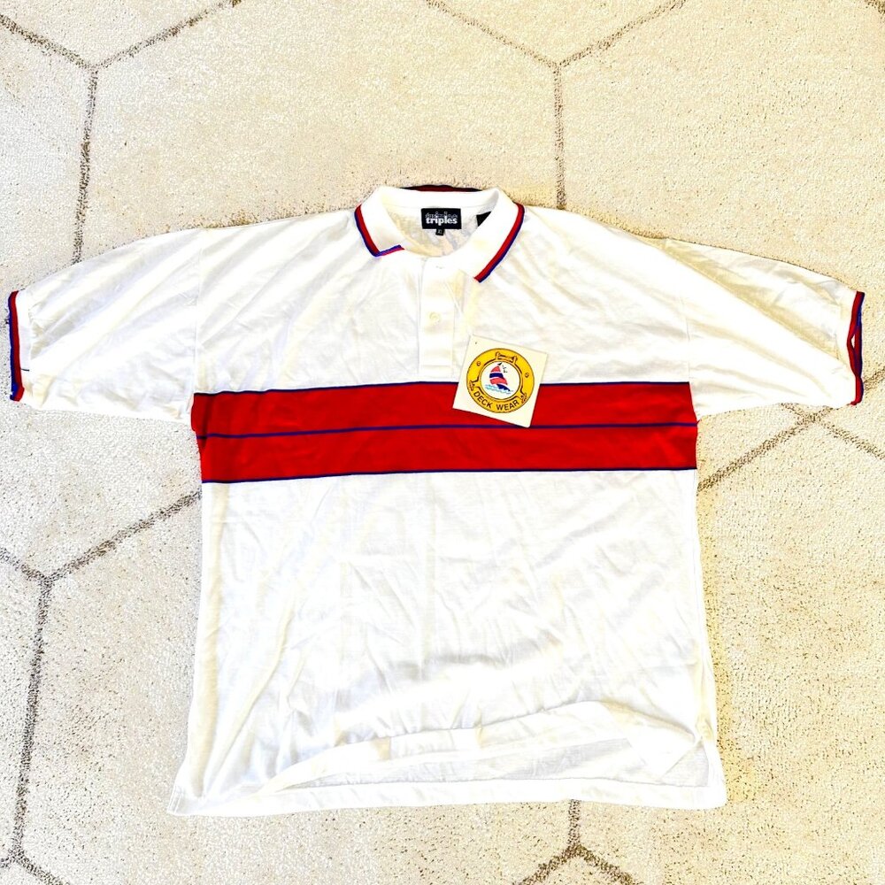 NWT Vintage 70s/80s Men's Triples Deck Wear Nautical Polo Red Stripe Detail XL